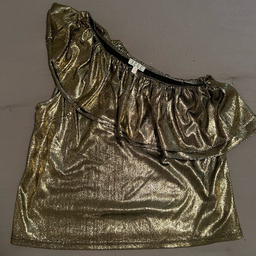 TCEC one shoulder metallic gold ruffle top